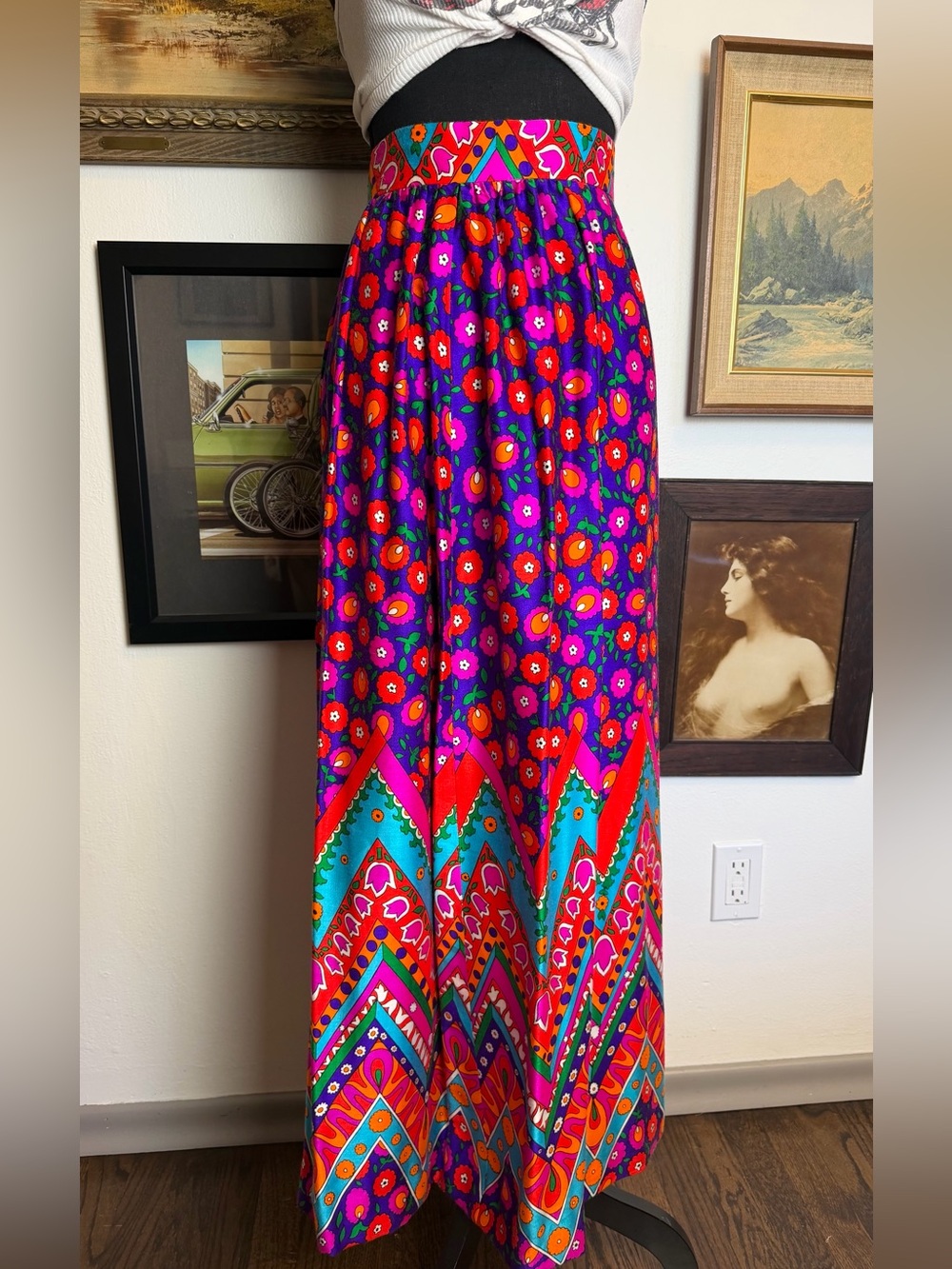Vintage 1960s/70s Alex Colman California Mod Print Maxi Skirt XS 24" Waist - Picture 3 of 15